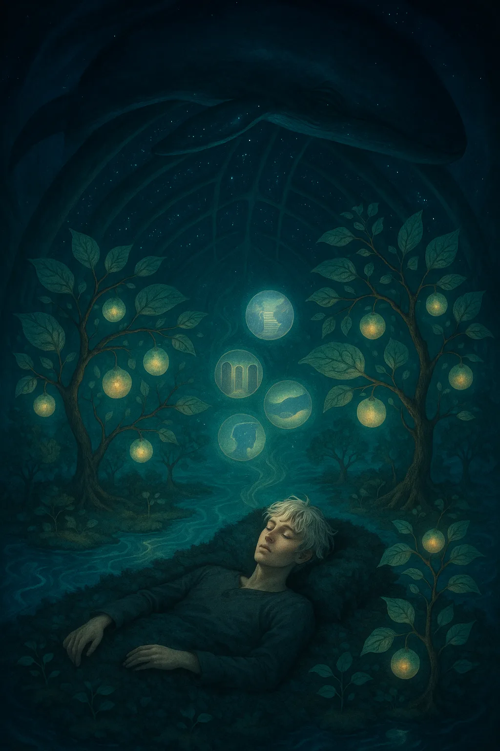 A garden suspended in the belly of a vast, dreaming whale—its ribs arched above like cathedral …