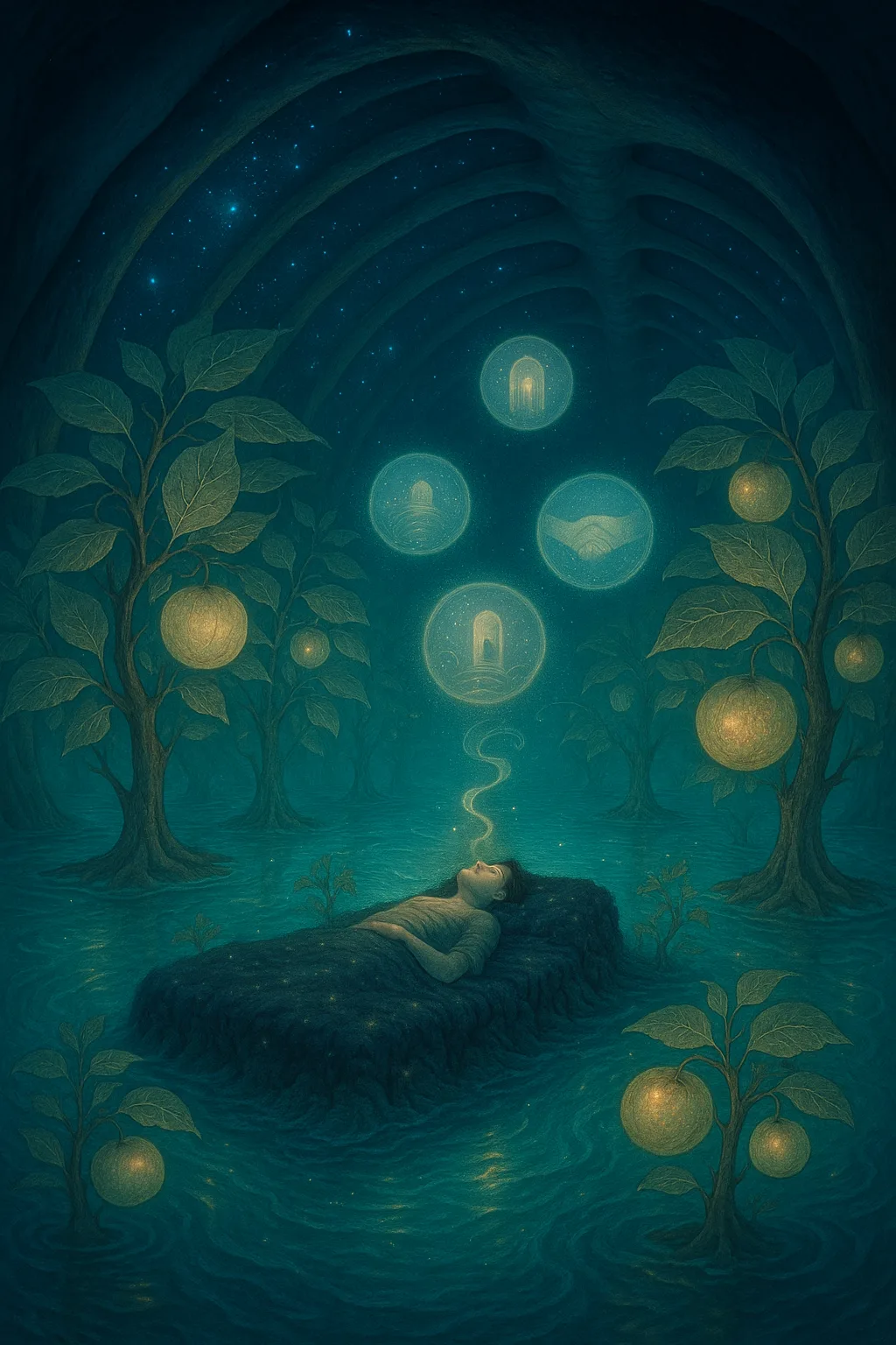 A garden suspended in the belly of a vast, dreaming whale—its ribs arched above like cathedral …