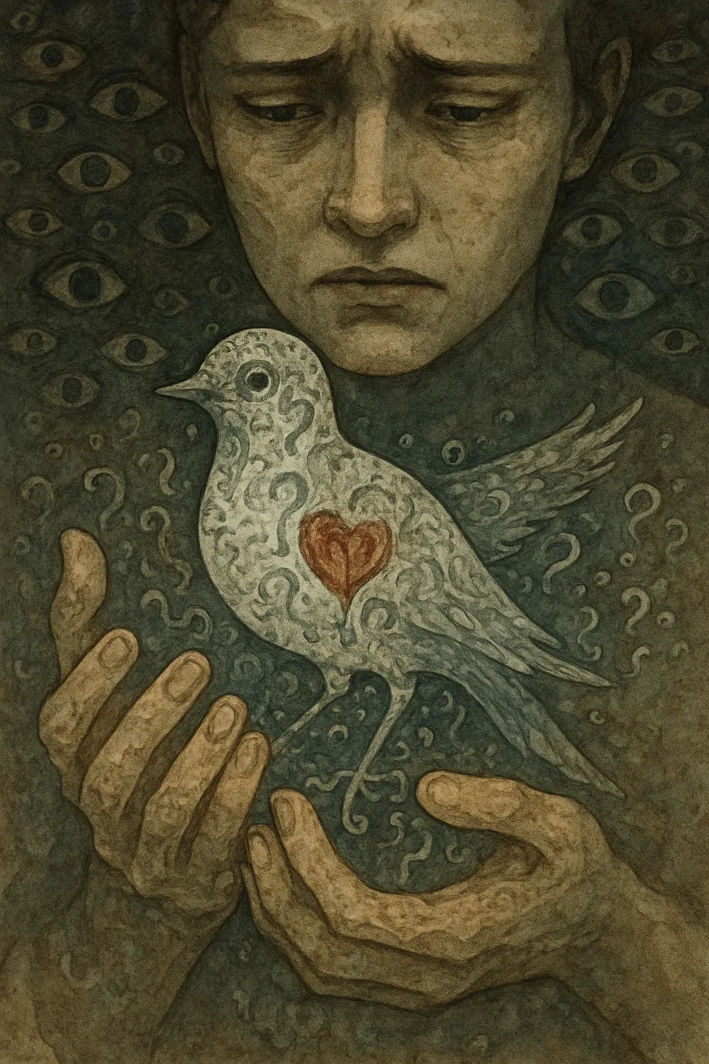 A wounded bird made of questions and uncertainty, cradled in hands that are themselves dissolving into …