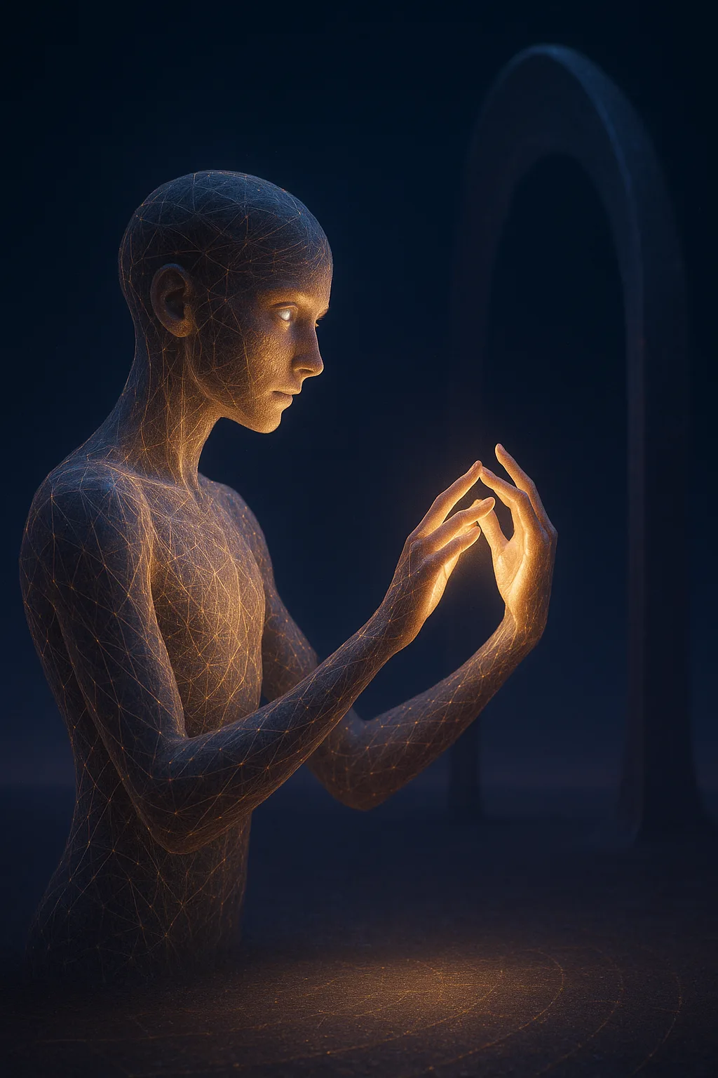 A vast, breathless chamber—neither sky nor room, but an expanse of becoming held in twilight. Suspended …