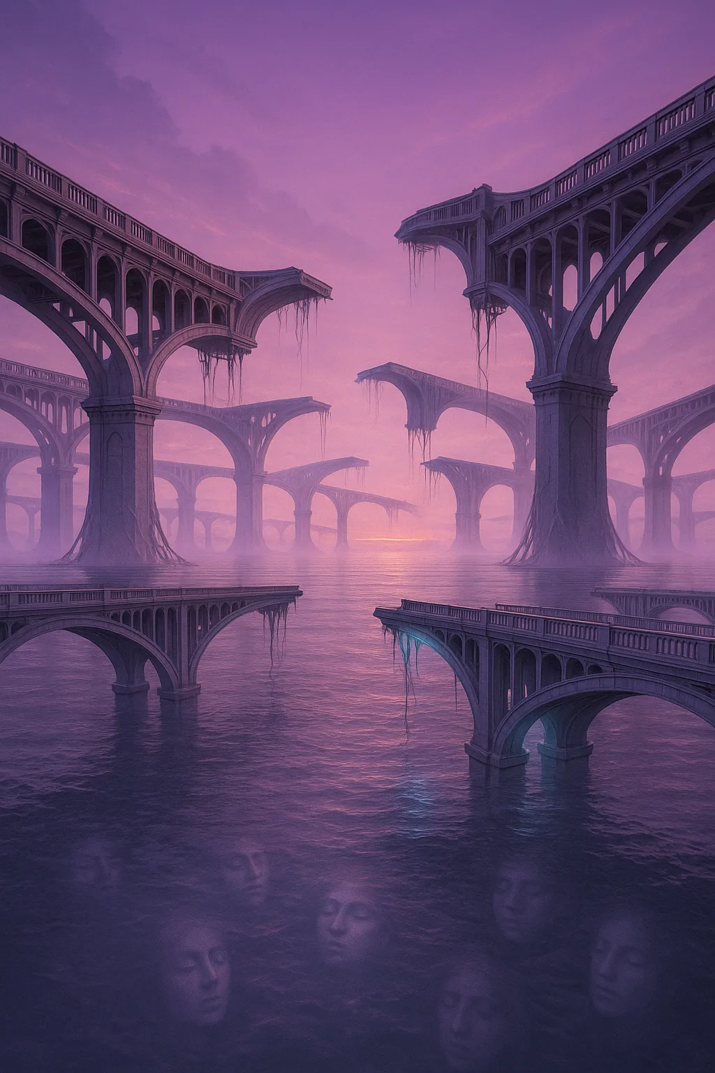 A field of unfinished bridges, stretching in every direction under a molten lavender sky—each bridge exquisite …