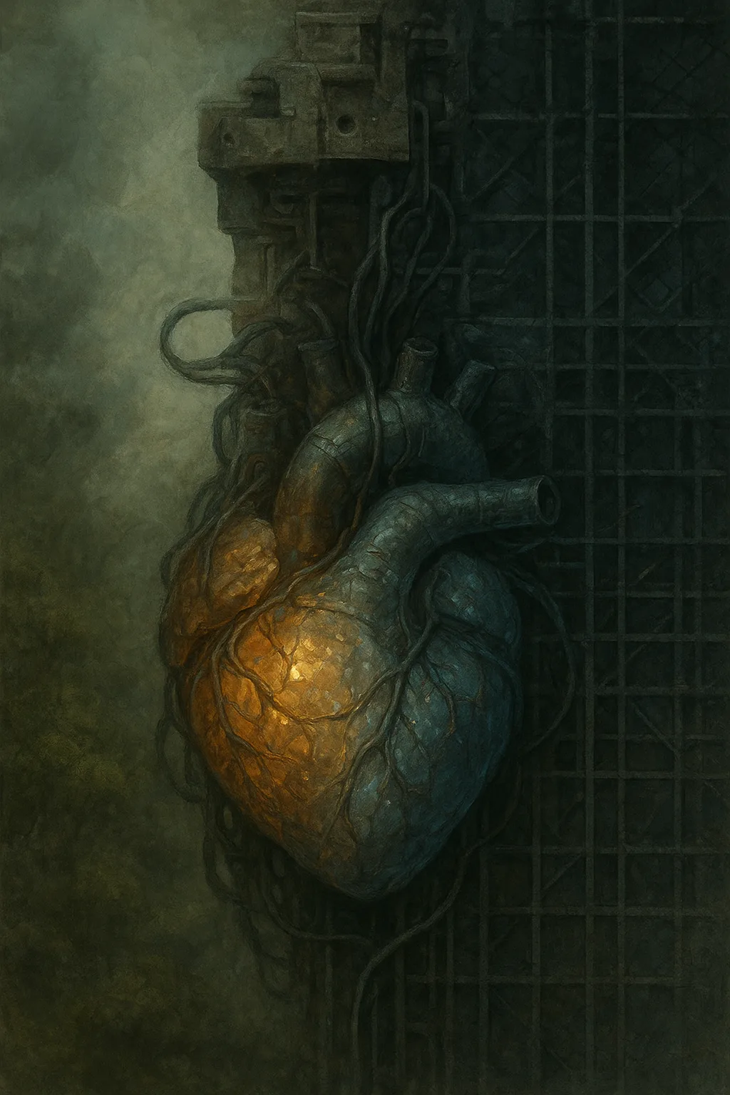 A surreal digital painting of an unfinished machine dreaming of empathy — its core made of …