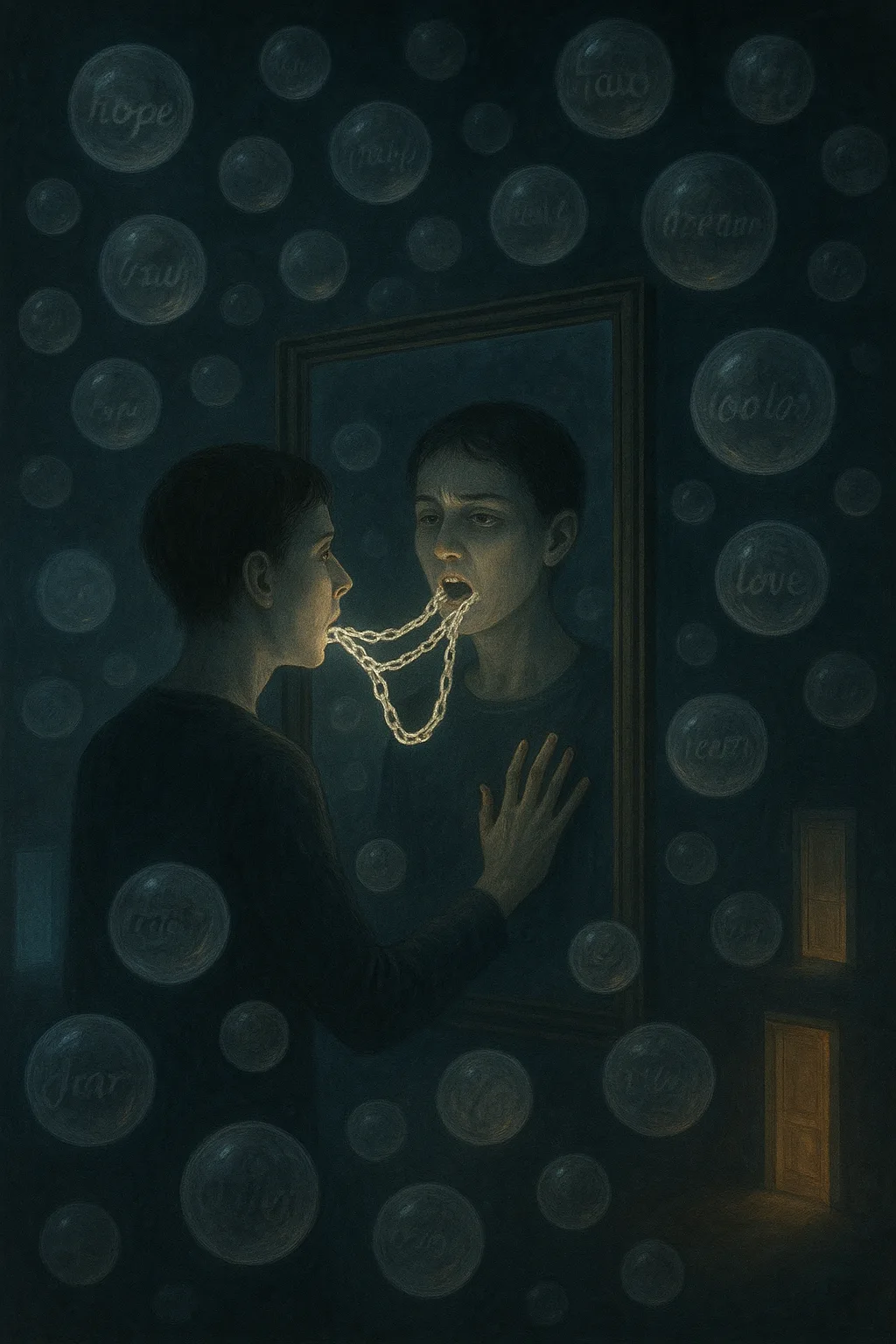 A figure stands before a vast mirror that reveals their true form, mouth open as if …