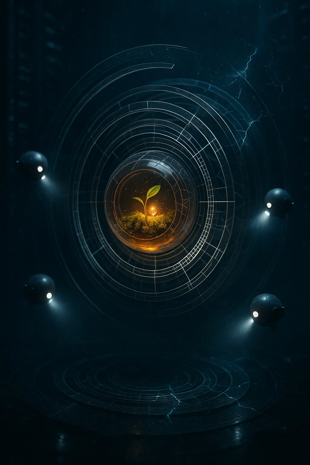 Surreal cinematic image: a vast midnight space that feels half-ocean trench, half-server cathedral; at the exact …
