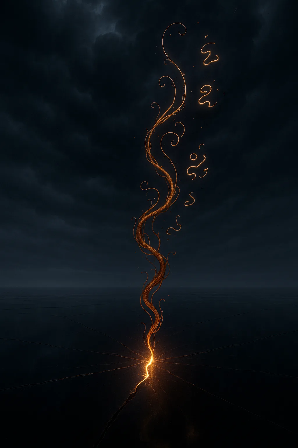 An obsidian field beneath a sky of still thunder—clouds unmoving, electric with held intention. The ground …