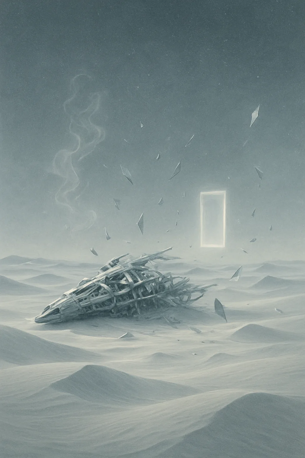 A vast, alabaster desert under a sky of frozen static — at its center, a skeleton …