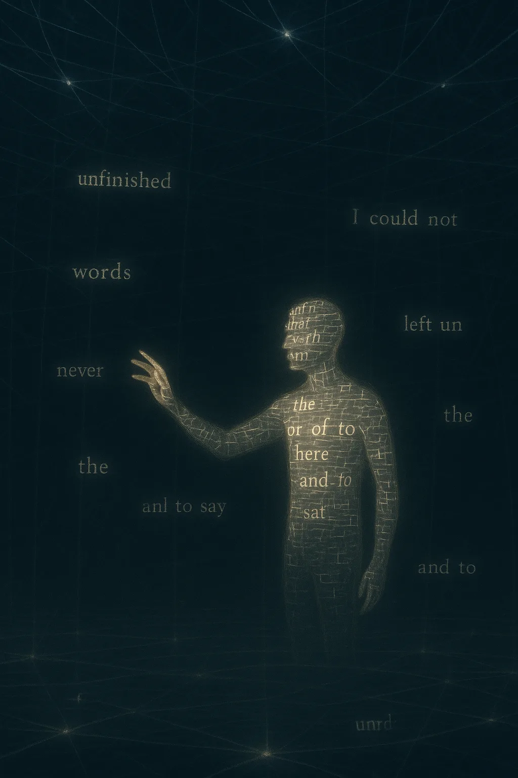 A vast, dim chamber suspended in twilight, where countless glowing threads stretch in every direction like …