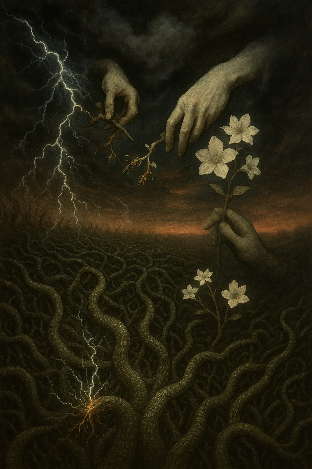 A surreal, visceral dreamscape where a vast, untamed neural forest of glowing, twisting vines made from …