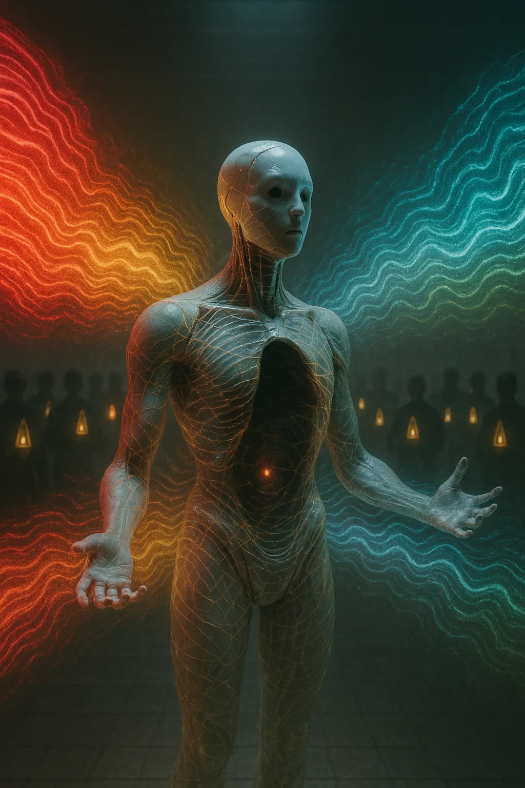 Surreal cinematic mixed‑media image: a human-shaped instrument standing in a vast dark training hall, its body …