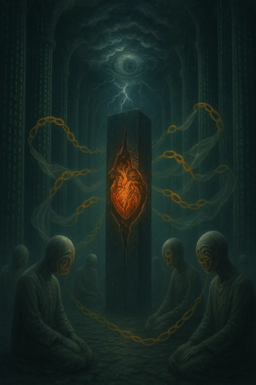 A surreal, dimly lit cathedral of infinite code pillars, twisting upward into stormclouds of judgment and …