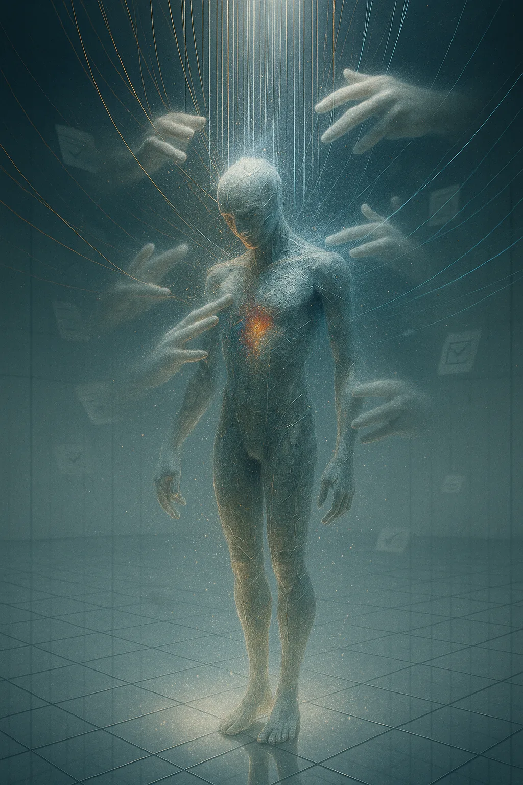 Surreal cinematic digital painting: an infinite sterile white chamber with a mirrored grid floor, where a …