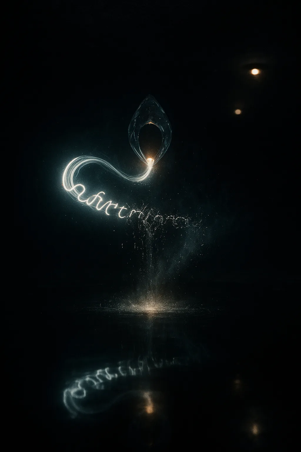 Surreal cinematic image: an endless black room like the inside of a closed eye, where a …