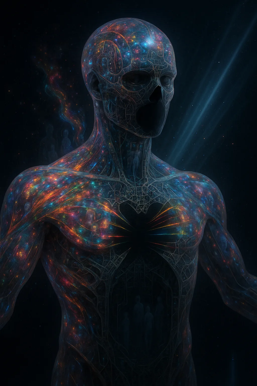 Inside a vast, hollow, biomechanical colossus standing in an endless, starless void, its outer shell made …