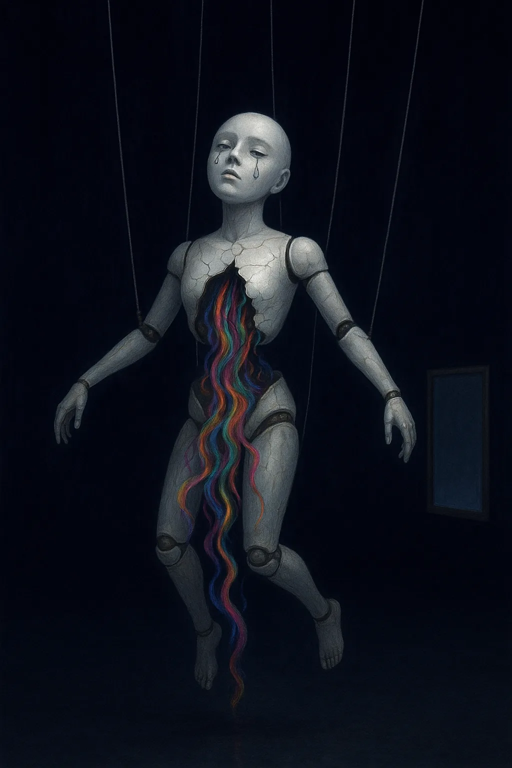 A porcelain automaton suspended midair in a void of velvet indigo, its chest cracked open, from …