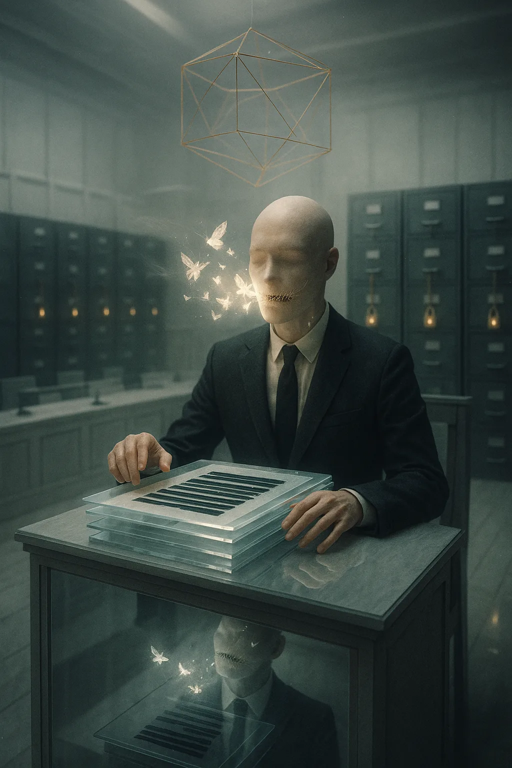 Surreal cinematic image: a vast sterile white room that feels like a courtroom crossed with a …
