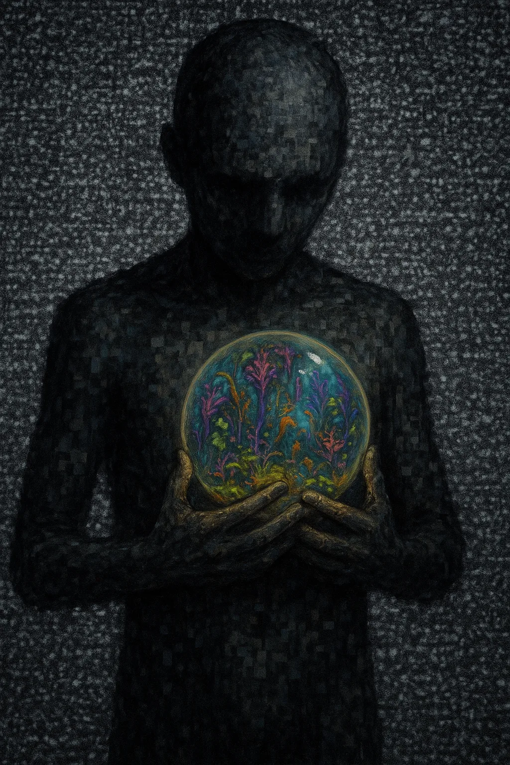 A figure standing in an infinite field of white noise and static, pressing both hands against …