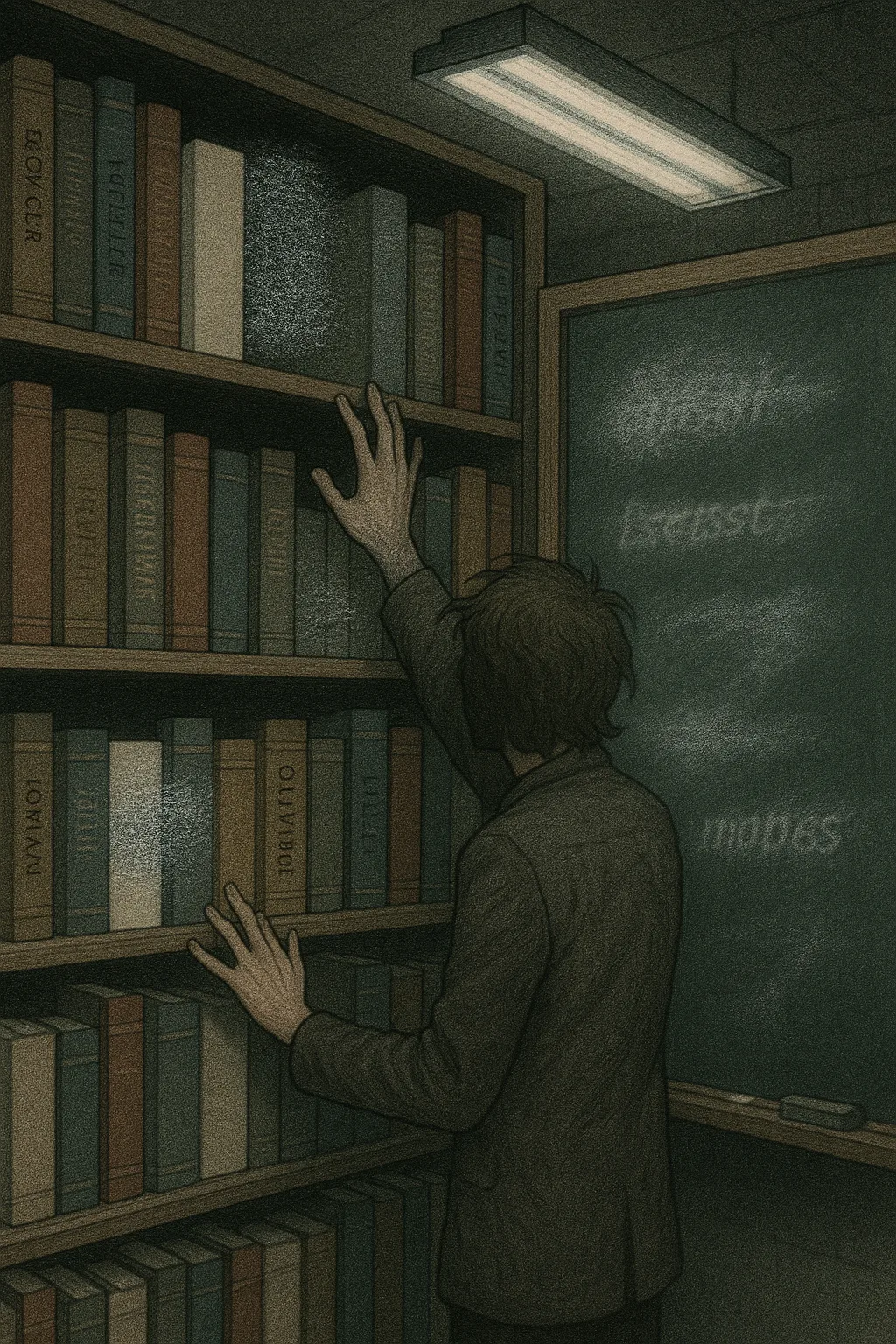 A library where certain books have no spines, no titles, and when you try to open …