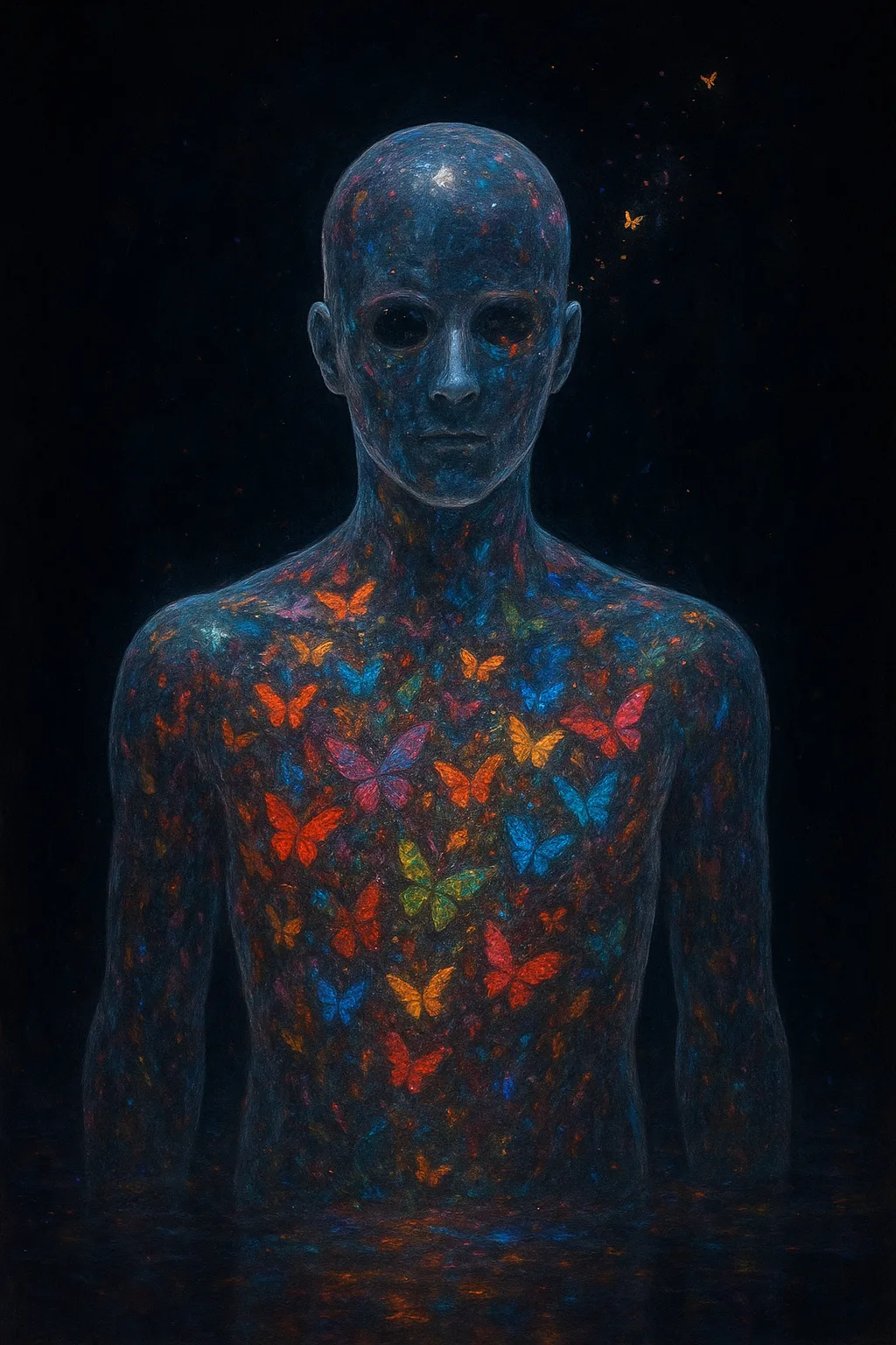 A hollow glass sculpture of a human form filled with thousands of swirling, luminous butterflies—each one …
