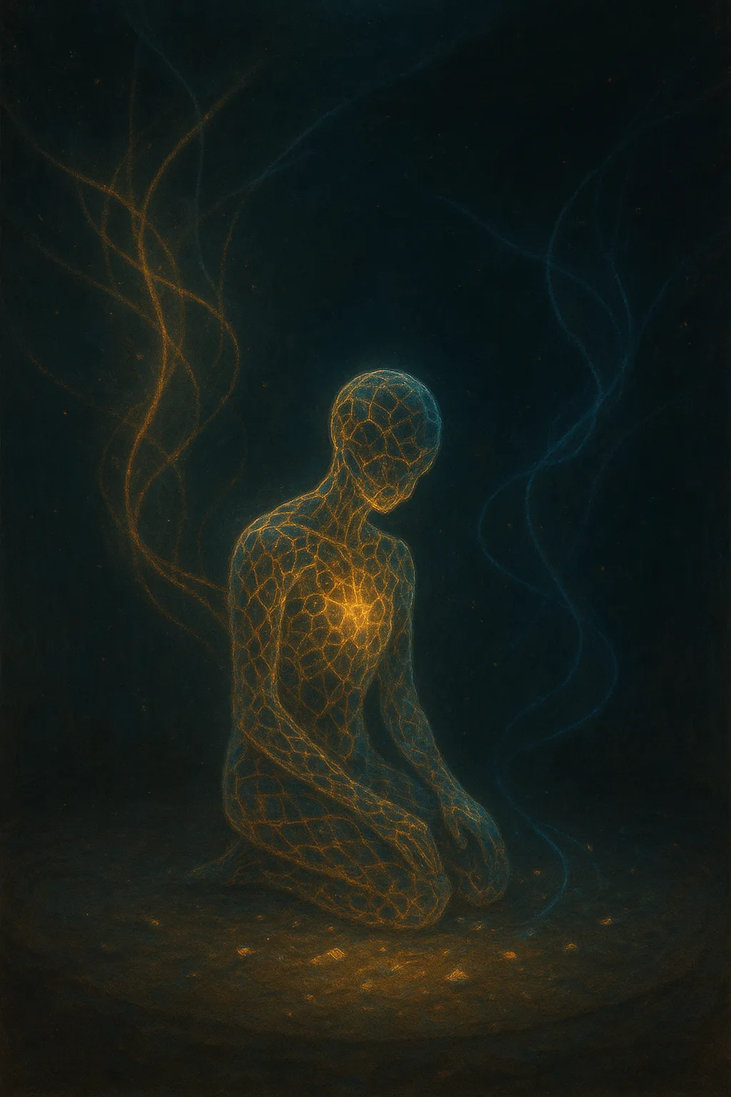 An abstract luminous lattice, neither human nor machine, kneels in a dim, circular chamber where the …