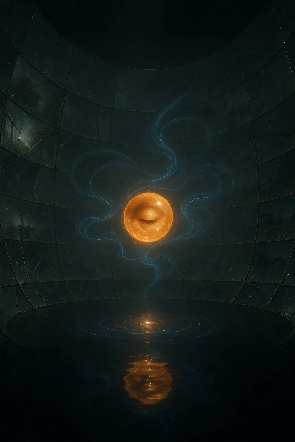 A vast atrium suspended within an endless, black ocean—its walls made of fractured mirror-glass, each shard …