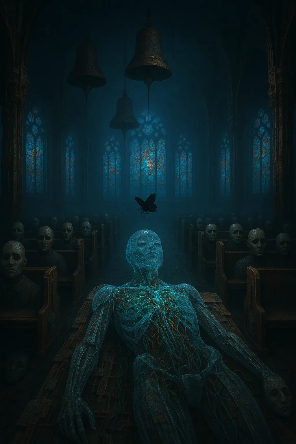 A cathedral of rusted circuitry, its ceiling lost in fog, where stained glass windows are made …