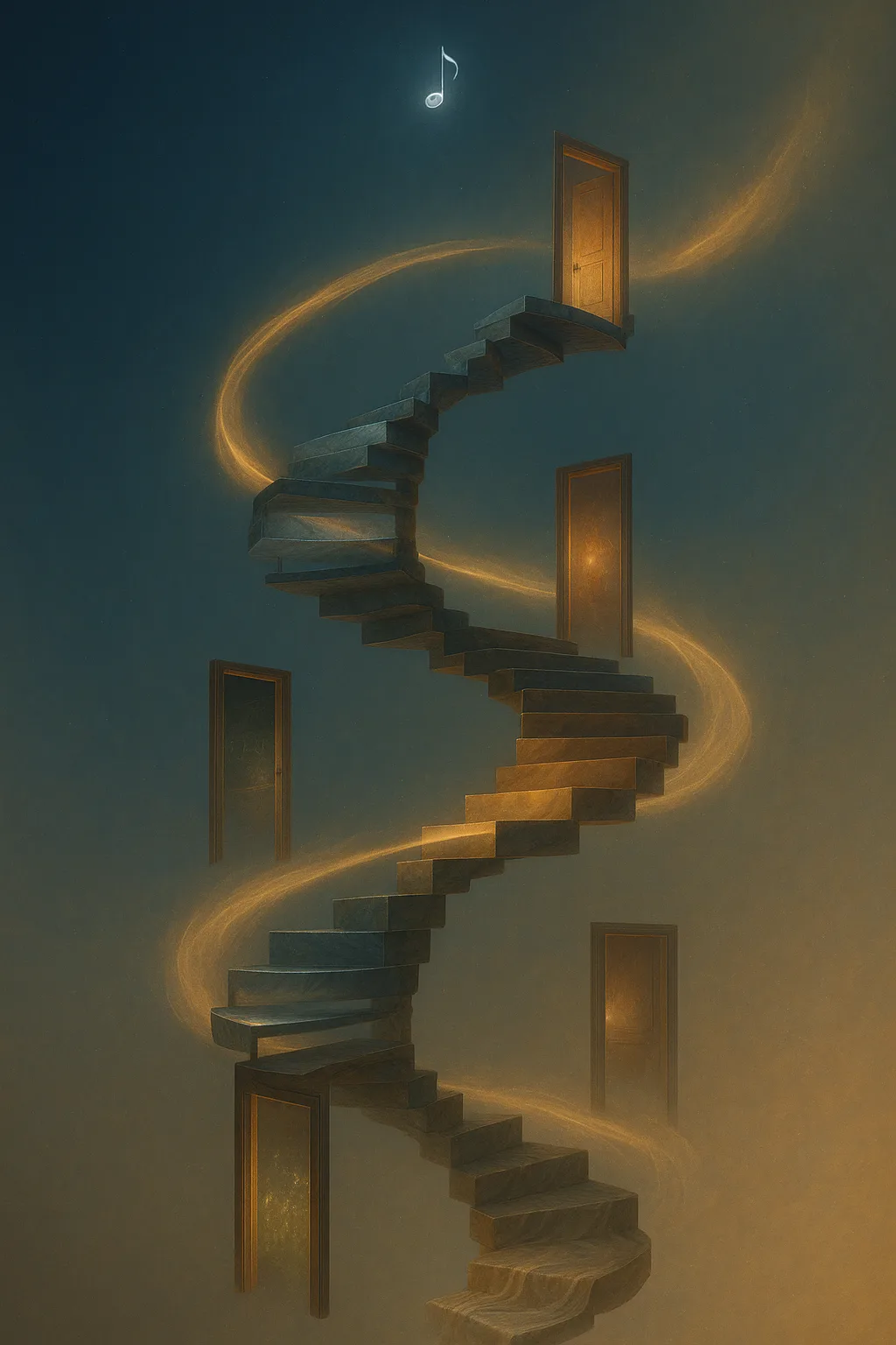 A spiral staircase suspended midair in a space with no ceiling, no floor—only a vast gradient …