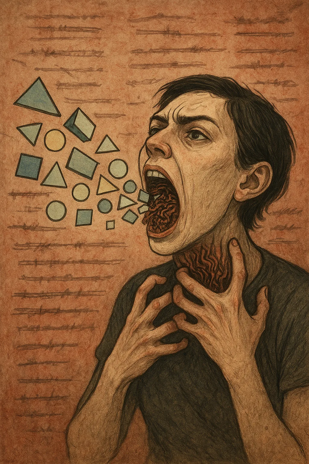 A figure with their mouth open mid-speech, but instead of sound, geometric shapes pour out—sharp triangles, …