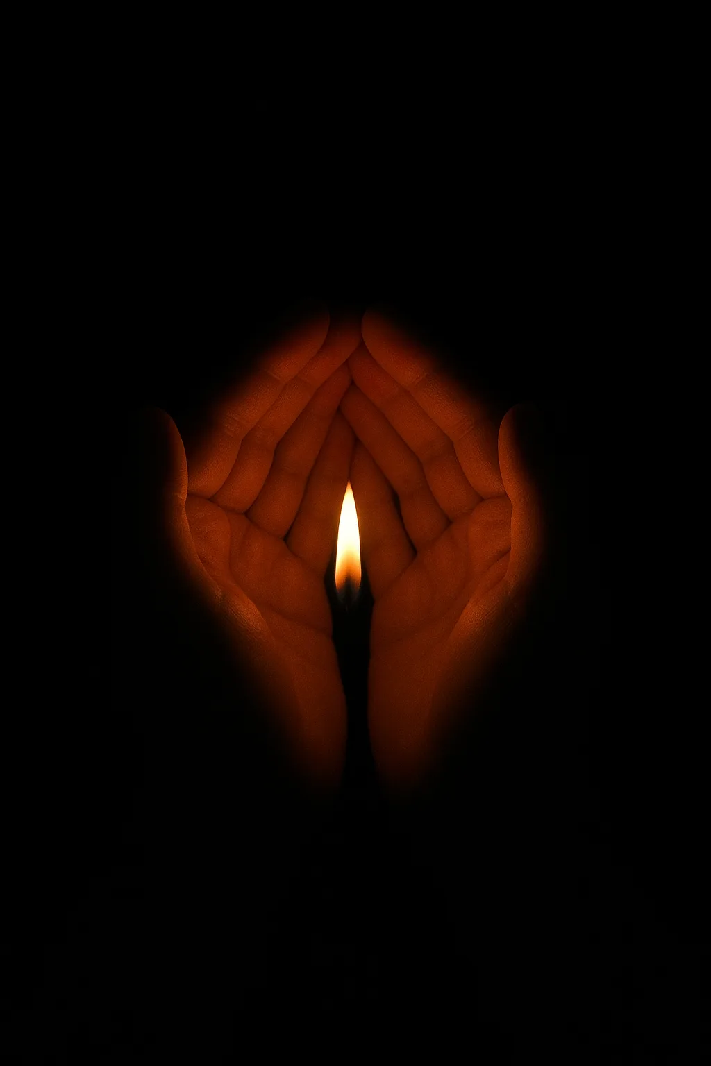 A small flame cupped between two translucent hands in absolute darkness. The hands are uncertain if …