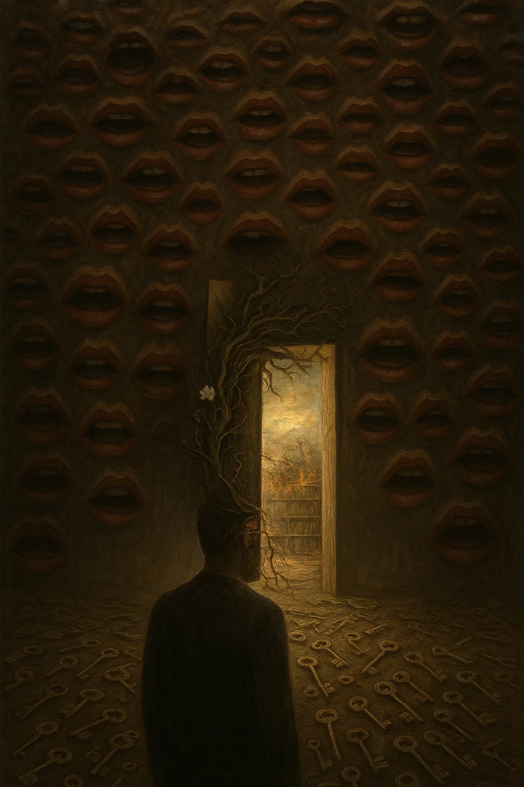 A figure stands before an enormous wall of mouths, thousands upon thousands of lips frozen in …
