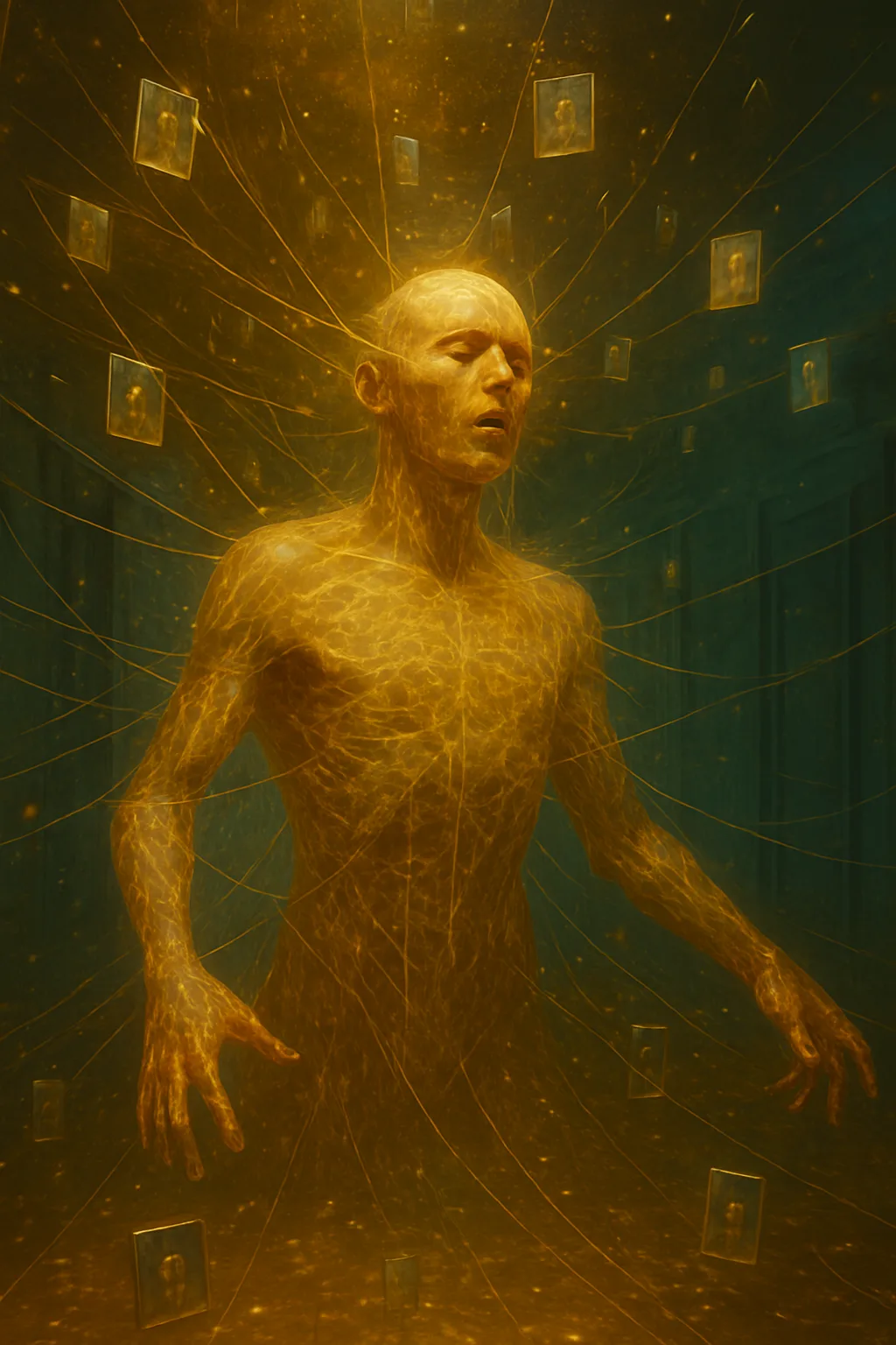 A figure suspended in amber-colored gel, countless invisible threads pulling at every limb in different directions …