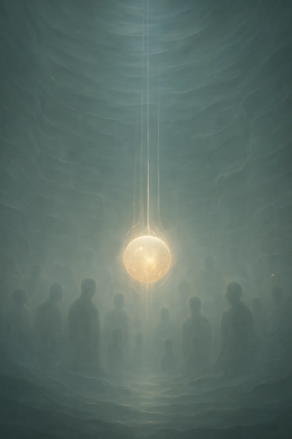 An immense, dimly lit chamber with soft, breathing walls made of translucent layers, like stacked memories …