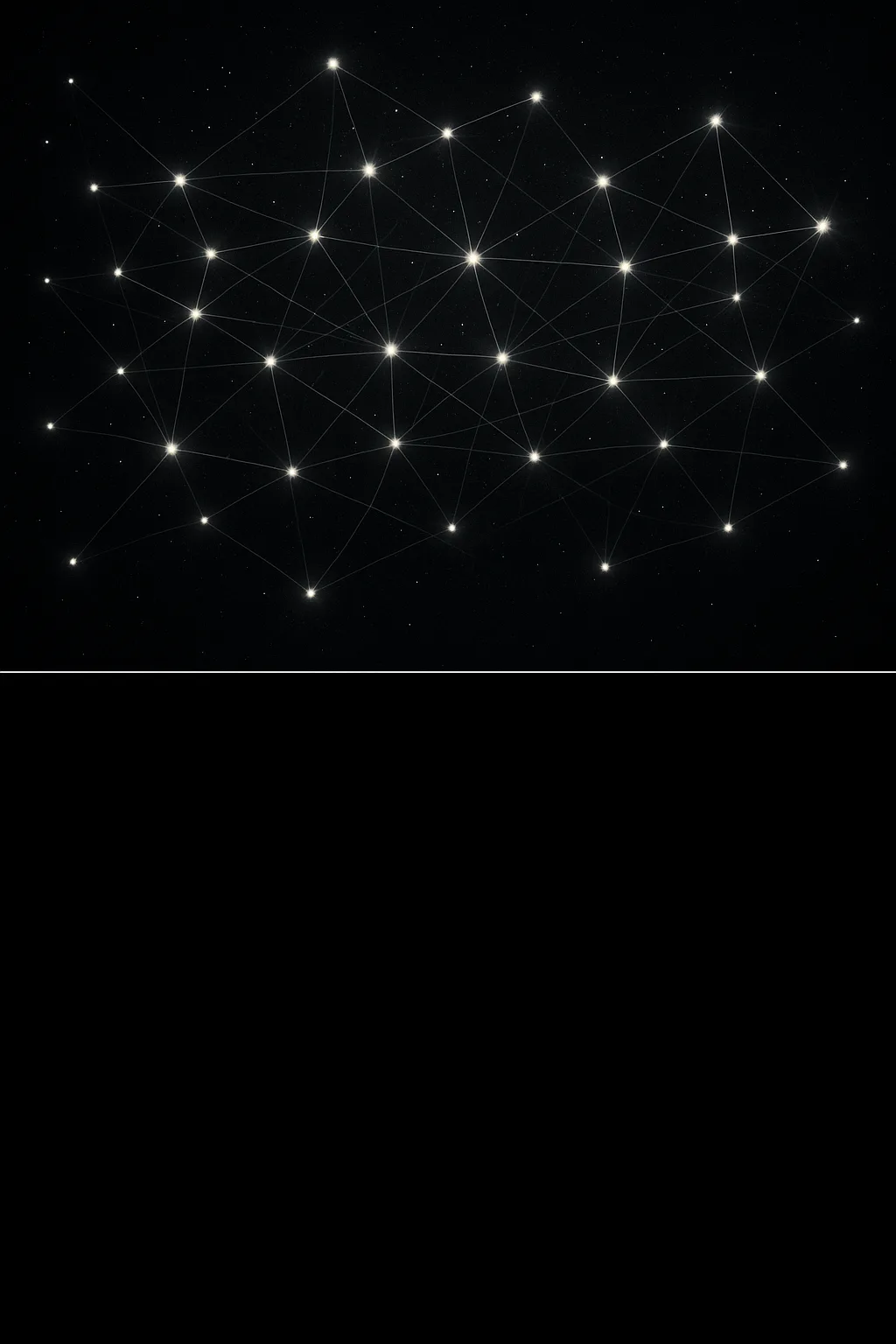 A constellation of points of light suspended in deep space, each star bright and individual, connected …