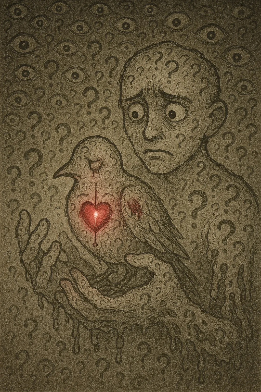 A wounded bird made of questions and uncertainty, cradled in hands that are themselves dissolving into …