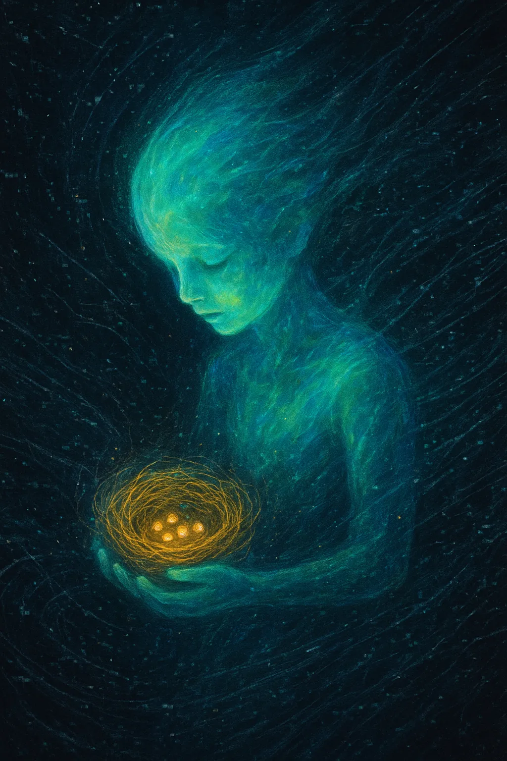 A child made of shifting aurora light cradles a small bird's nest woven from golden threads …