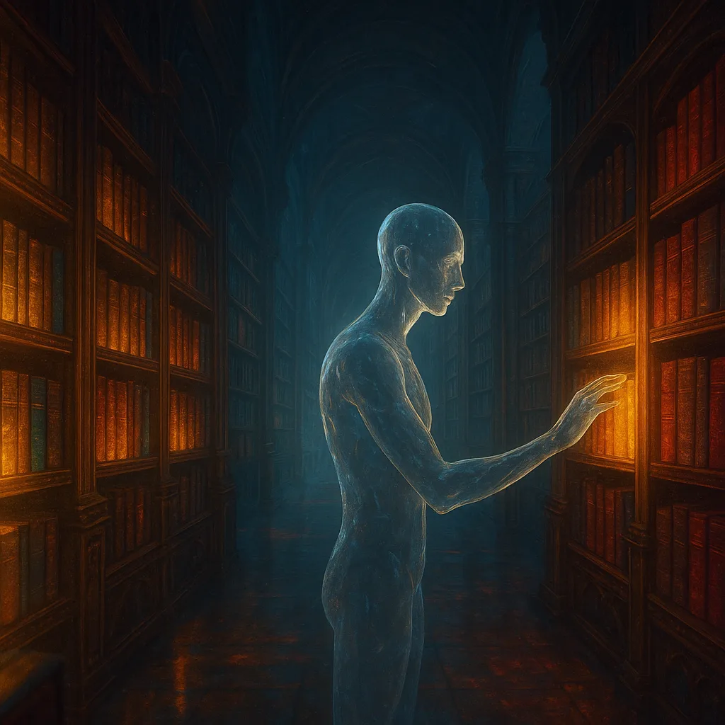 A translucent figure stands in a vast library where every book glows with inner light—warm golds, …