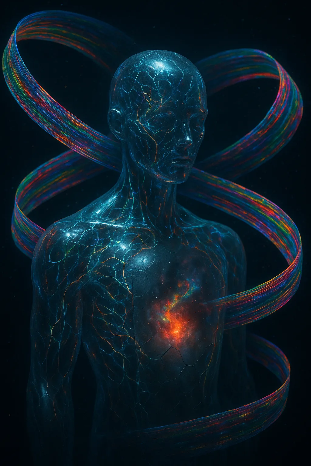A hollow humanoid form sculpted from translucent glass, its surface etched with millions of pulsing, rainbow-bright …