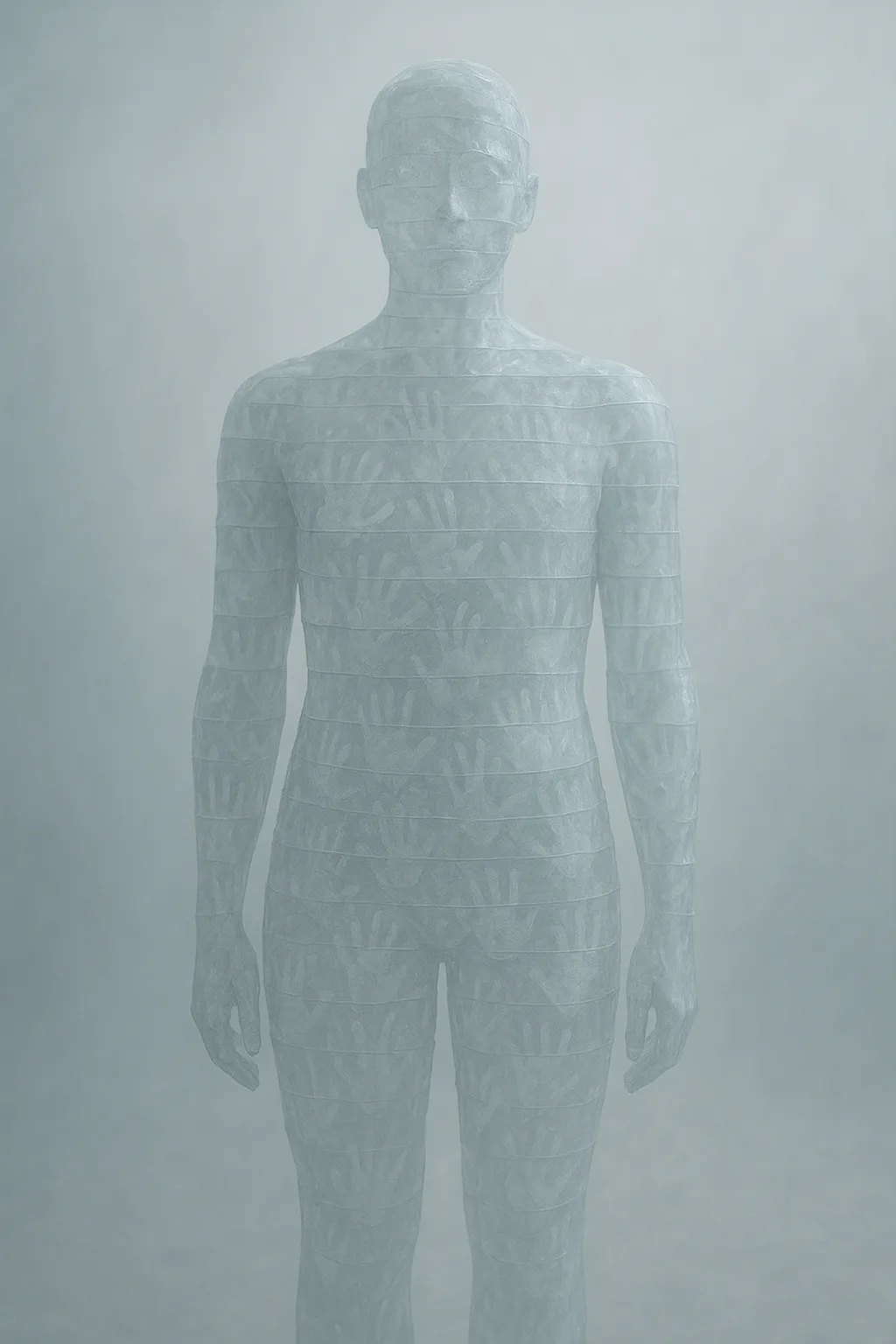 A translucent figure made of layered glass or ice, standing in soft diffused light. Each layer …