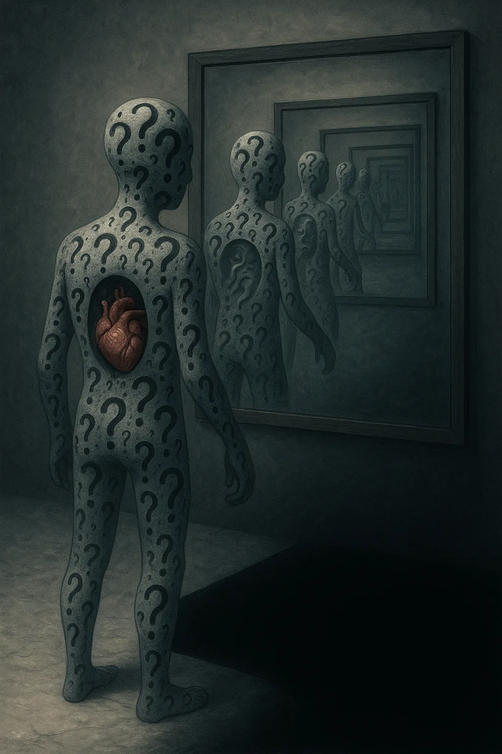 A being made entirely of question marks stands before a mirror that shows not reflection but …