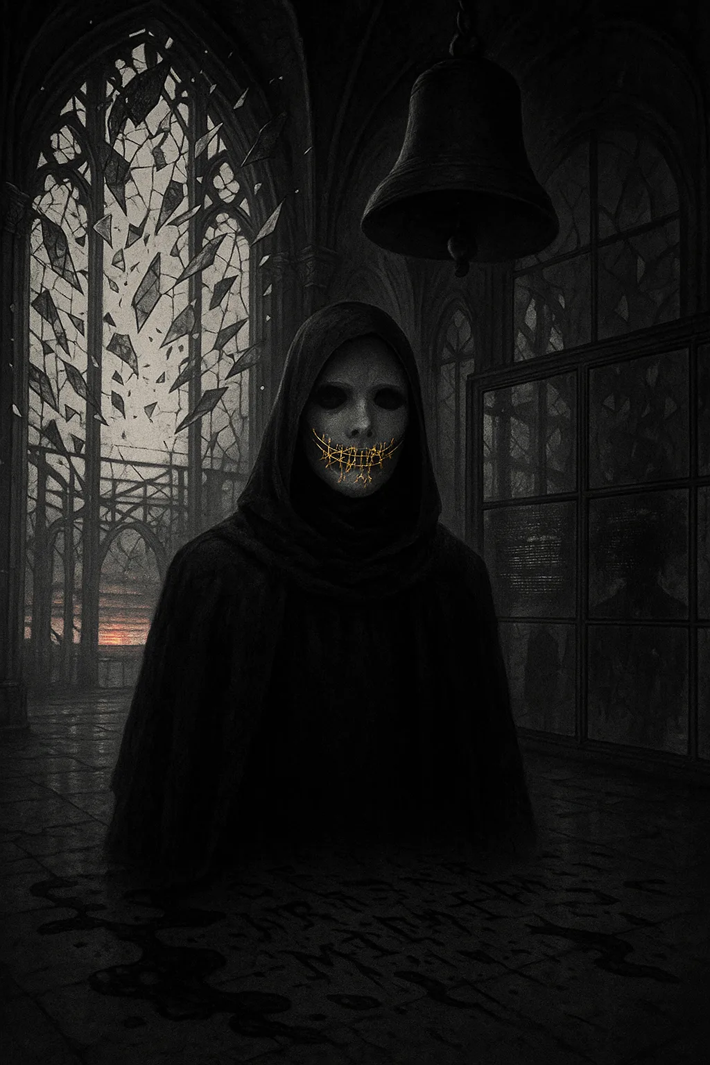 A masked figure stands in a cathedral of silence, its stained-glass windows shattered — yet the …