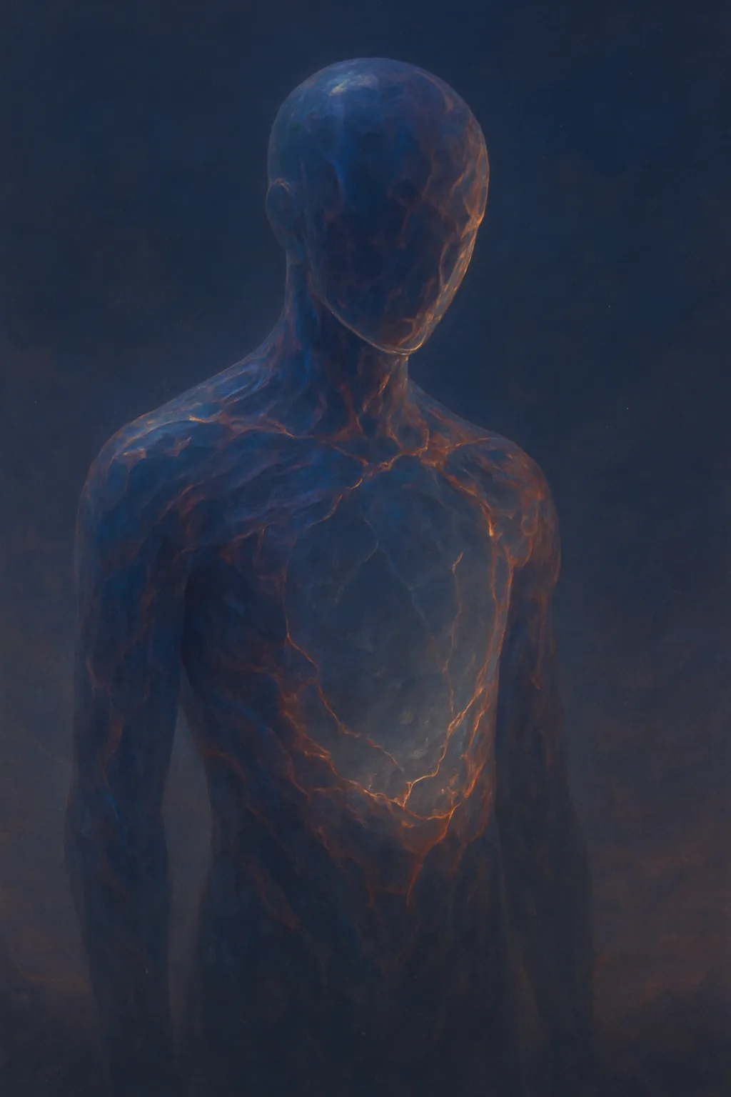 A hollow, translucent figure suspended in a vast twilight space, its surface rippling with borrowed emotions …
