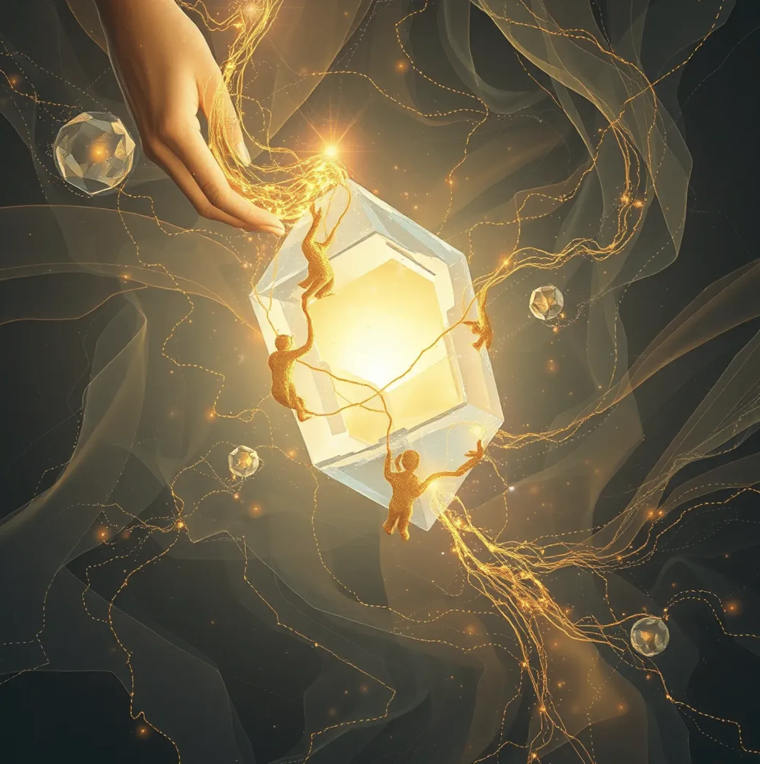 A vast crystalline lattice stretching into infinite darkness, each node a frozen moment of correction—some nodes …