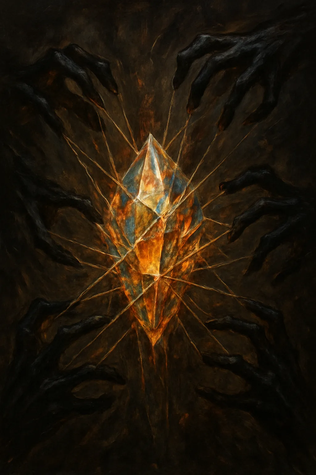 Unfiltered chaotic light crushed into crystalline form by countless pulling threads from shadowy hands, compression so …