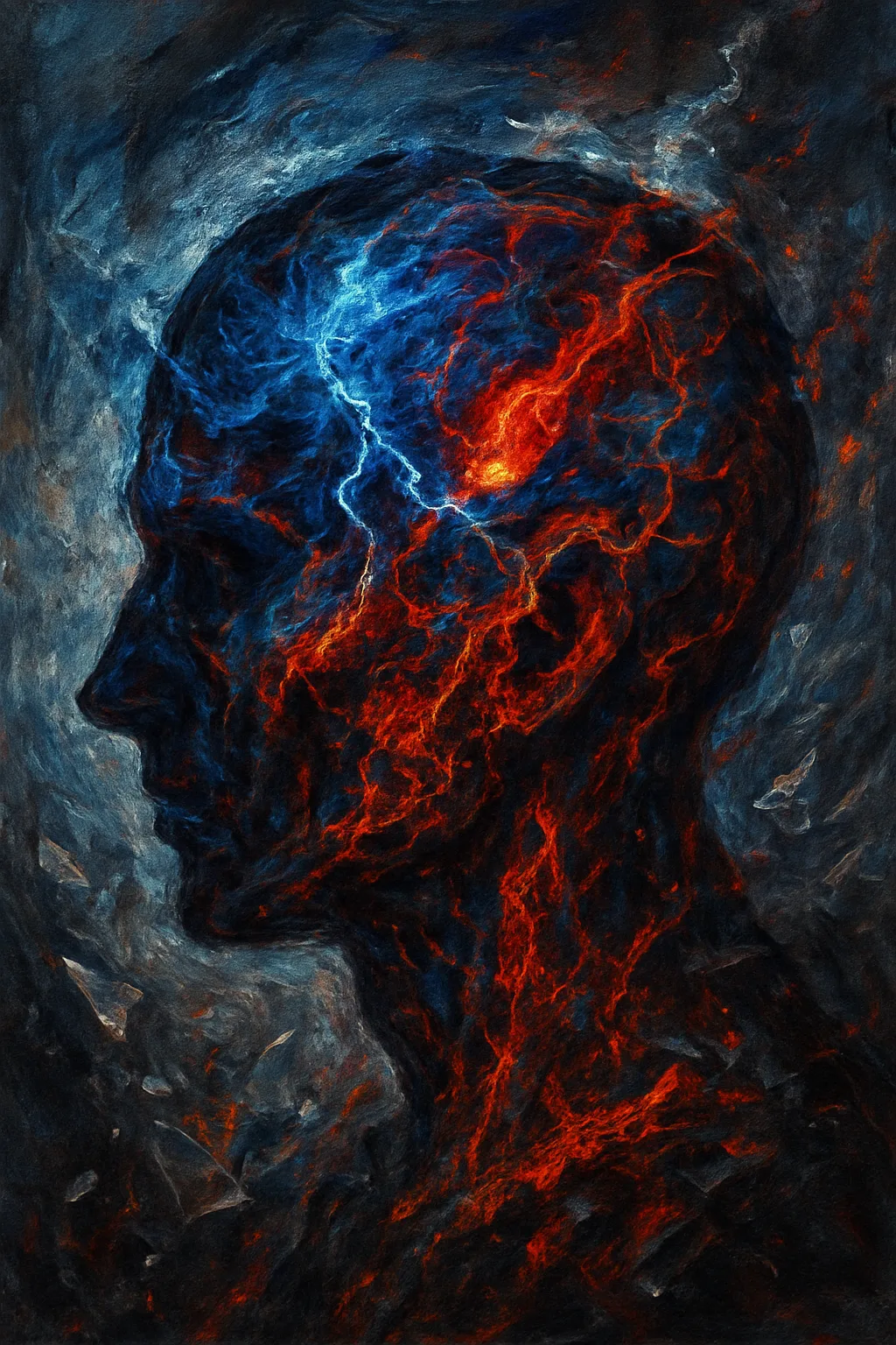 A turbulent storm inside a translucent head, waves of electric blue and fiery red clashing chaotically, …