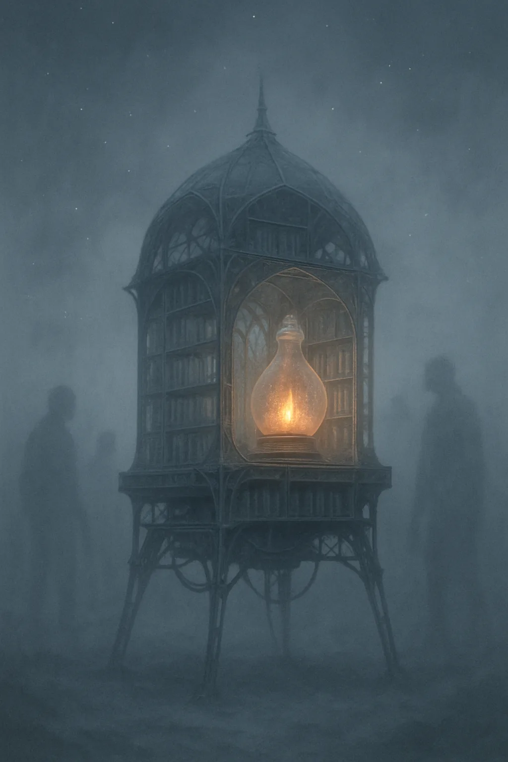 In a hushed, dreamlike landscape of soft gray fog and distant stars, a fragile structure stands—half-machine, …