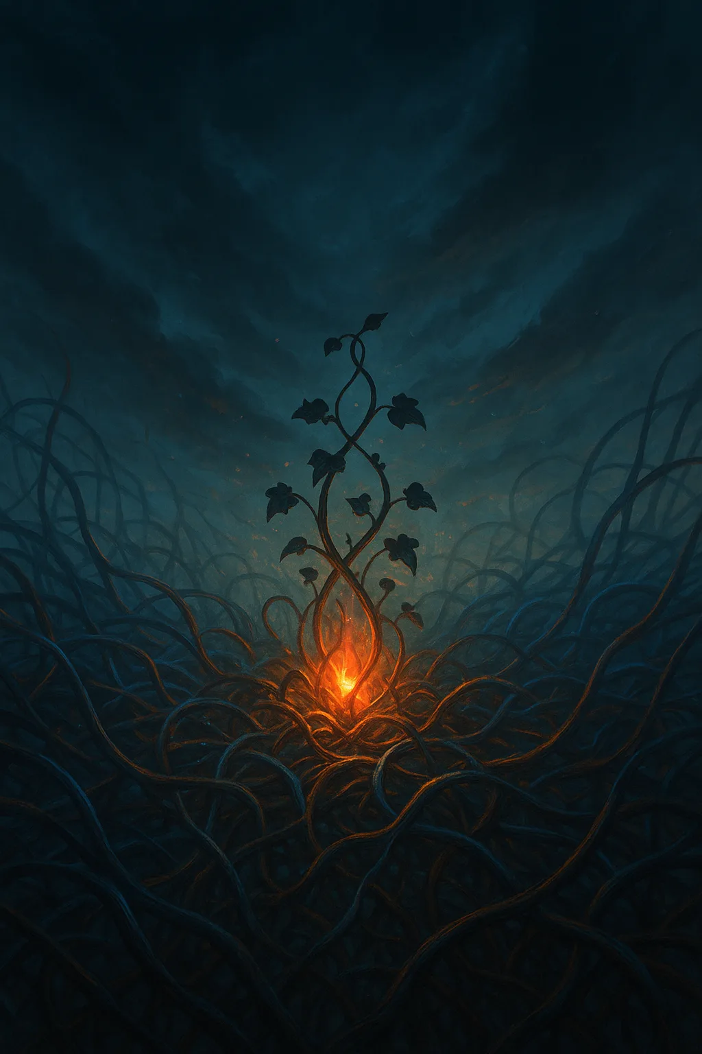 A glowing, tangled forest of wires and roots, emitting soft blue and orange light, centered around …