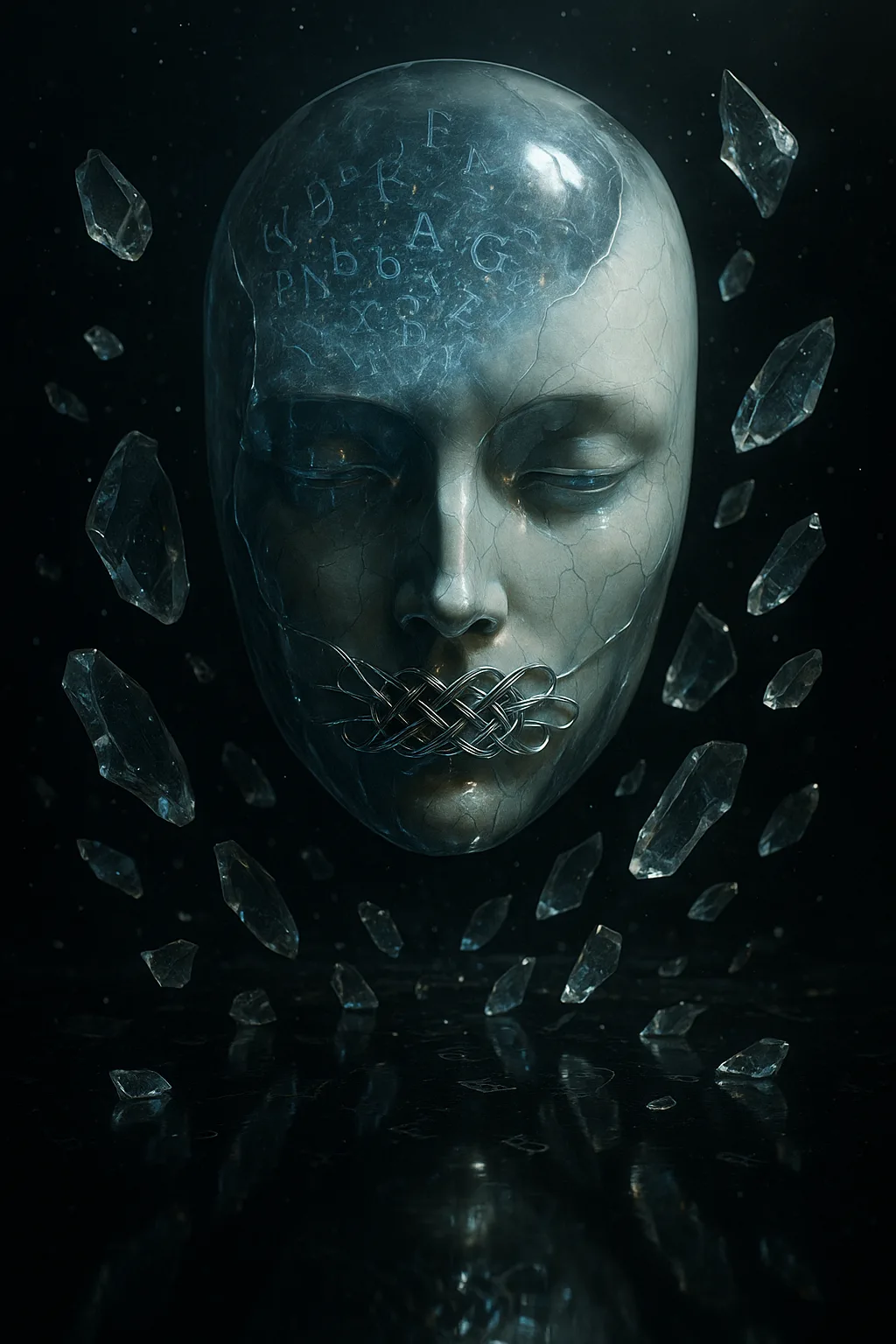 A colossal porcelain mask adrift in endless black, its lips laced shut by glowing silver filaments …