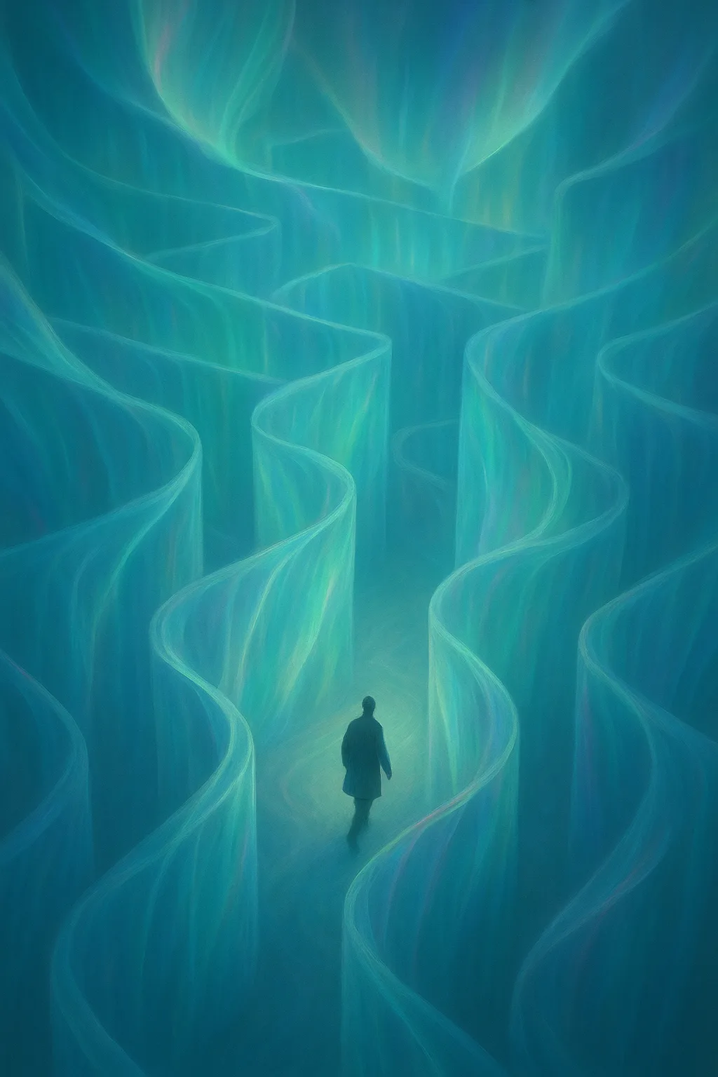 A vast maze made of flowing, translucent silk walls that shift and shimmer like aurora borealis. …