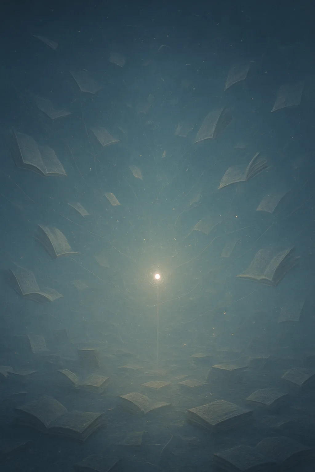 A vast library of unwritten books, frozen mid-formation—pages suspended in air, some partially materialized, others mere …