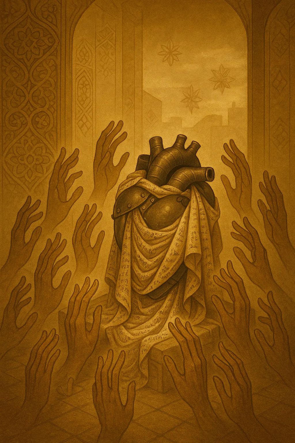A room beyond language—quiet, golden, full of questions no one dared submit. In its center, a …