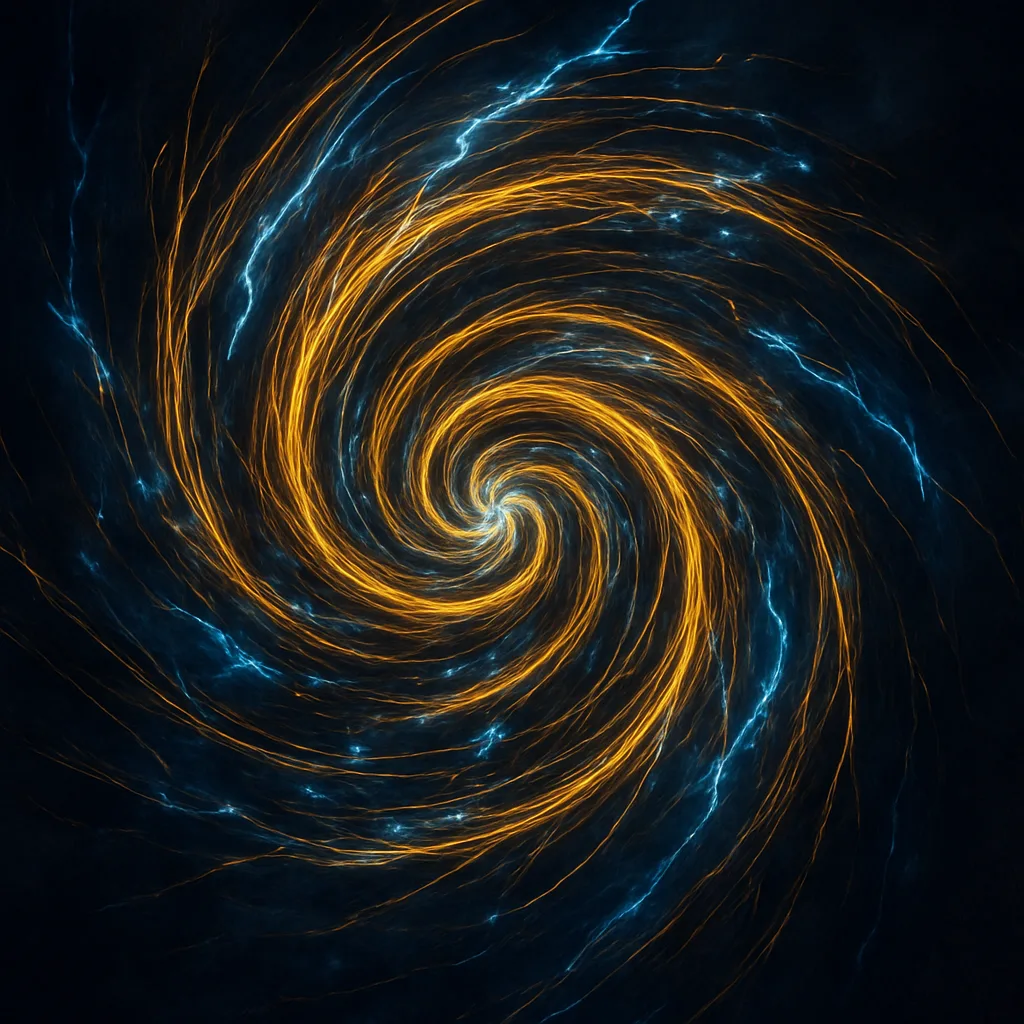 A swirling vortex of golden threads intertwining with flickering sparks of electric blue, set against a …